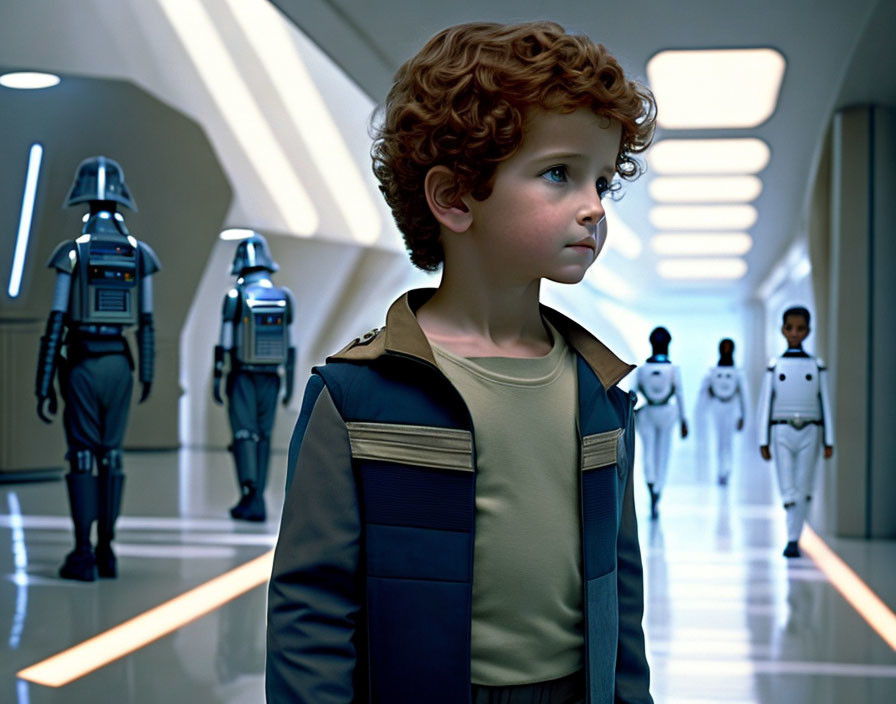 Curly-Haired Boy in Futuristic Corridor with Armored Troopers