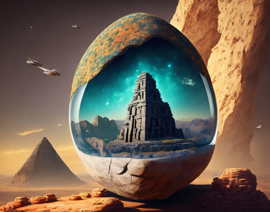 Surreal image: Egg-shaped portal to starry night, ancient temple, desert pyramids,