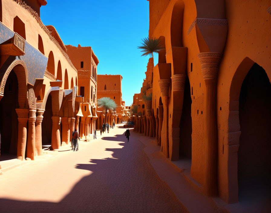 Traditional desert town street with terracotta buildings and people under deep blue skies