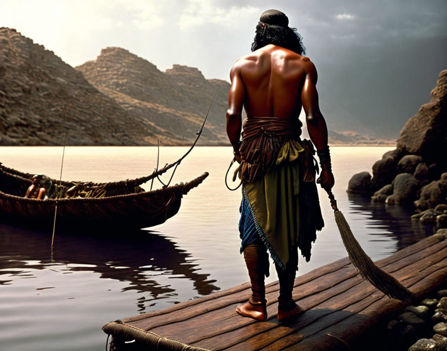 Ancient warrior in warrior attire on wooden dock with rowboat and mountains view