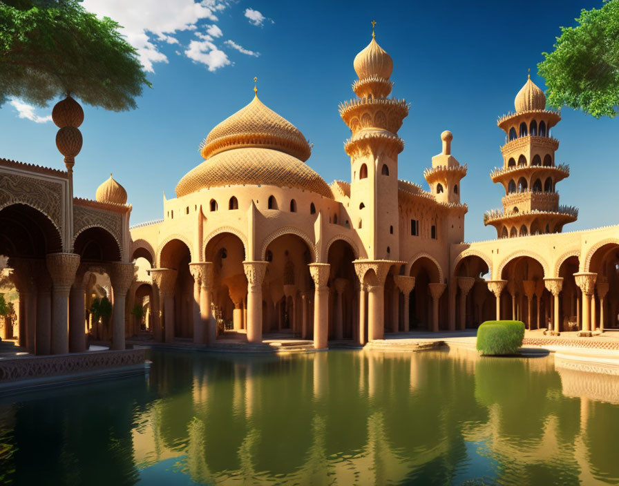 Fantasy palace with ornate domes and towers by tranquil pool