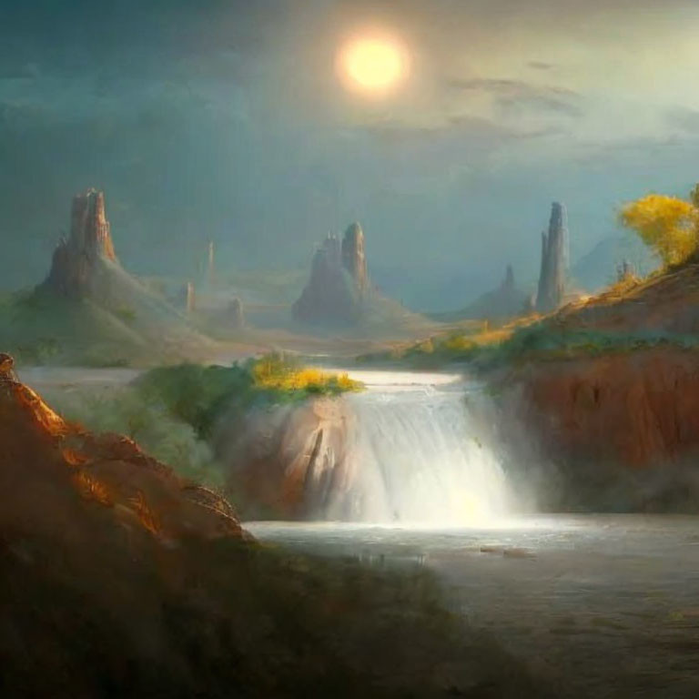 Tranquil landscape: misty waterfall, towering rocks, soft sun glow