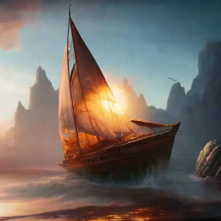 Sailboat with glowing sails in turbulent seas at sunset