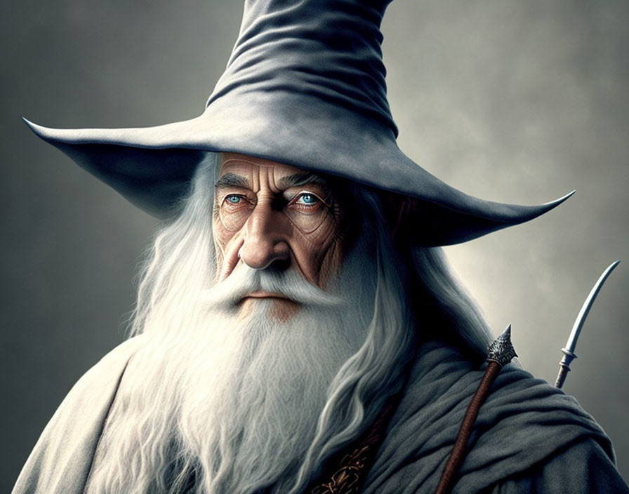 Grey-bearded wizard in tall pointed hat, with intense eyes and staff