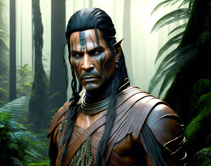 Fantasy character with tribal markings in forest wearing leather armor