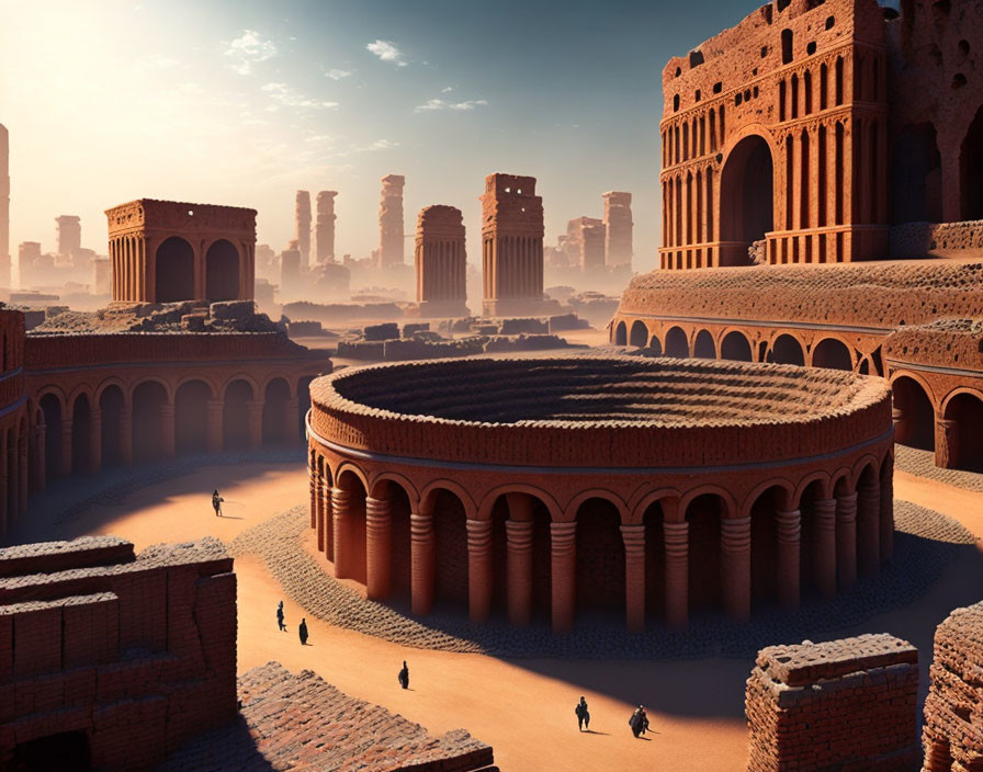 Ancient Roman city digital reconstruction with circular colosseums and sandstone ruins