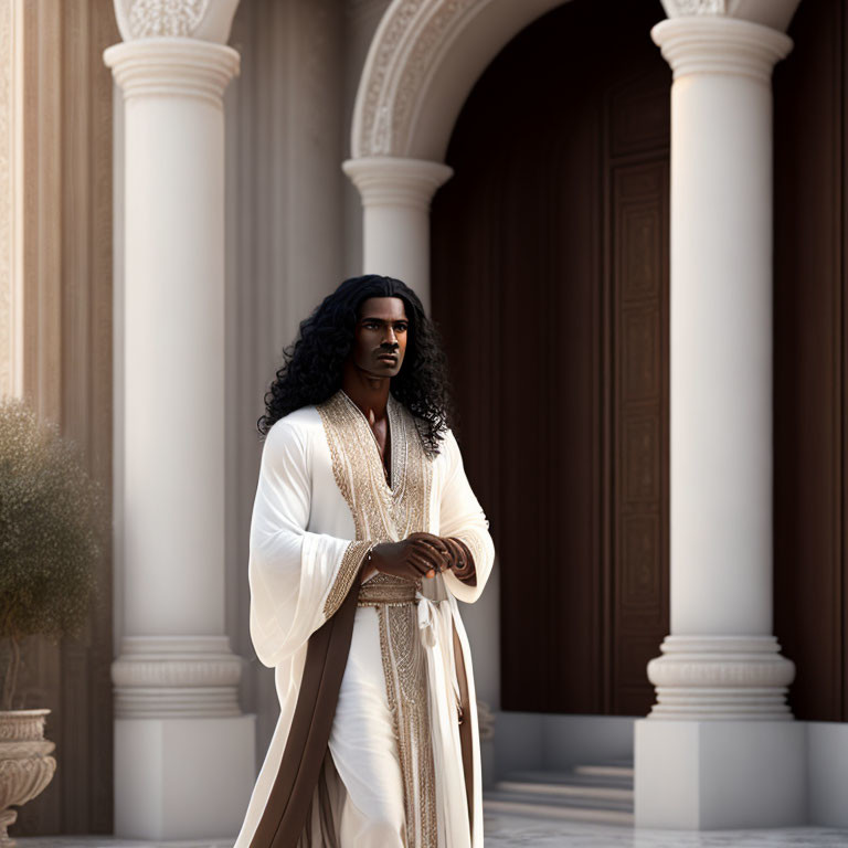 Man with Long Curly Hair in Traditional Attire by Classical Columns