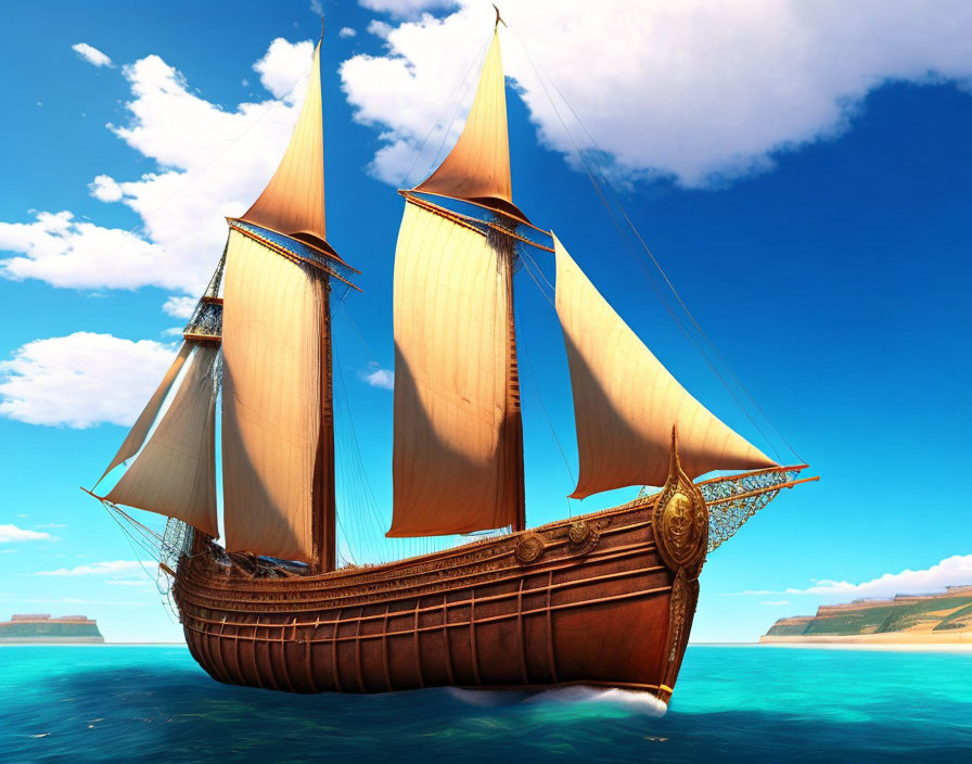 Wooden sailing ship with multiple sails cruising on blue ocean waters near coastline