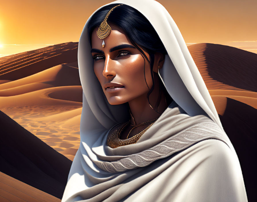 Digital illustration: Woman with traditional jewelry in white garment, desert backdrop