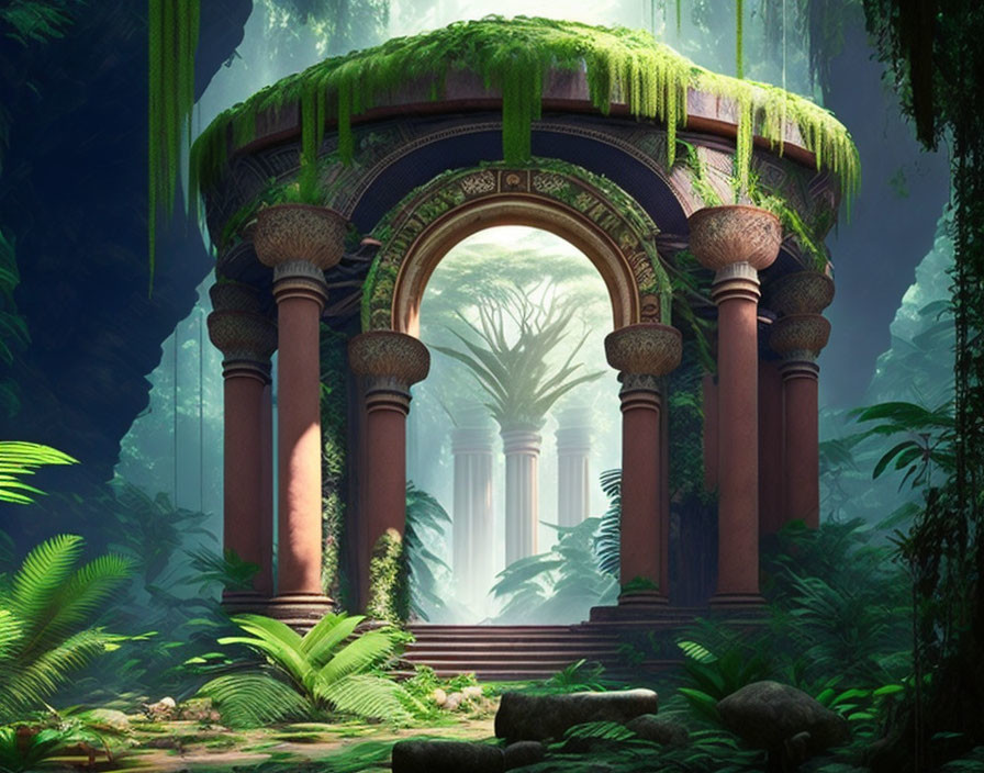 Ancient Stone Gazebo in Vine-Entwined Jungle