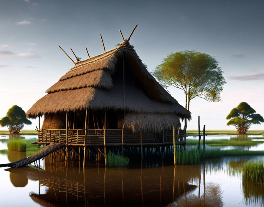 Traditional Thatched-Roof Stilt House Reflected in Calm Waters