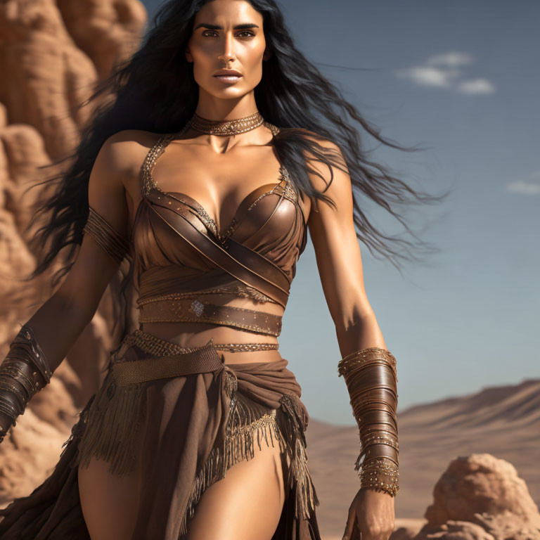 Warrior woman in desert-themed outfit with metallic accessories