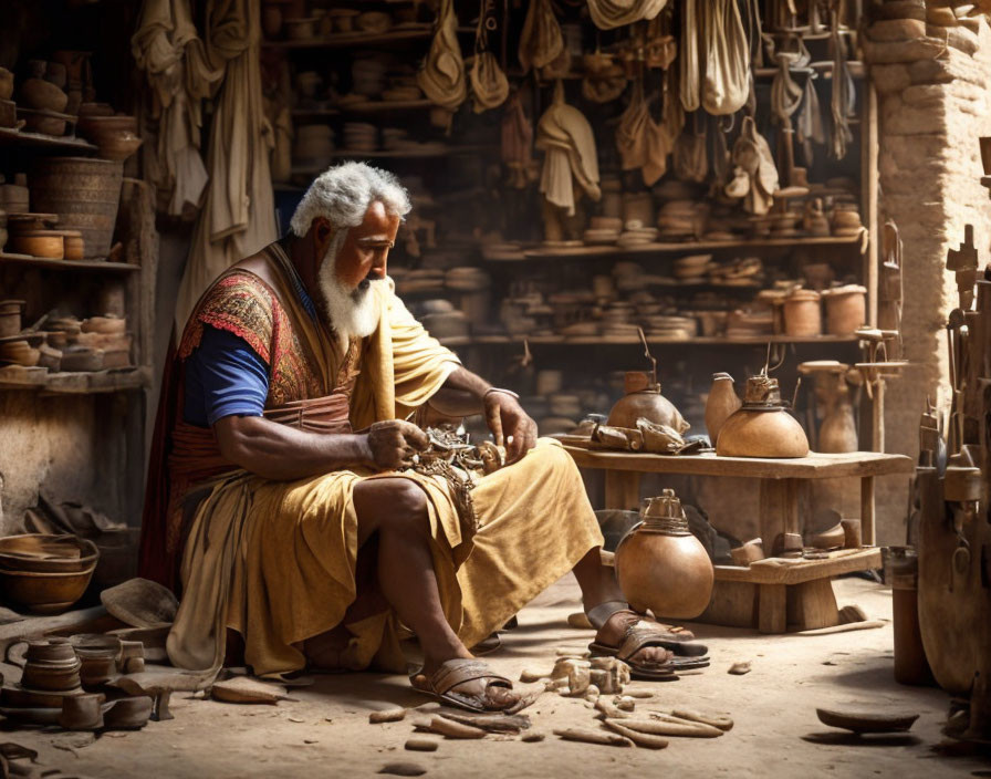 Elderly craftsman with white hair and beard in traditional pottery workshop.