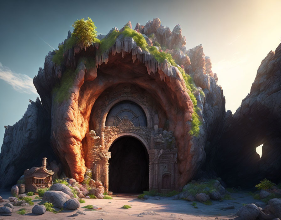 Fantasy landscape with cave entrance, ornate door, cliffs, hut, and greenery