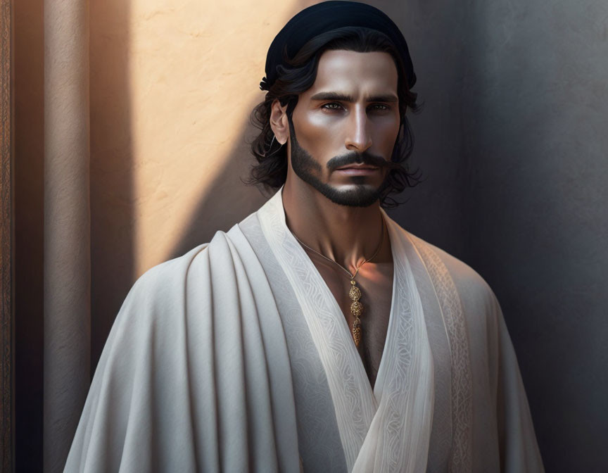 Dark-haired man in white robe and headband portrait against shadowed backdrop