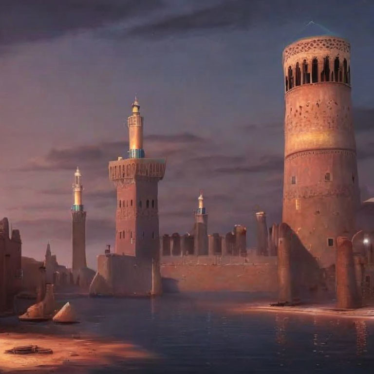 Ancient Middle Eastern city at dusk with minarets and fort by calm waterfront