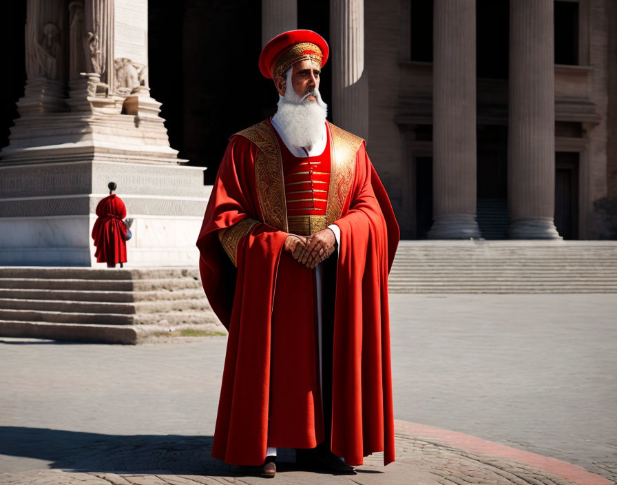 Historical figures in red and gold robes with turbans near columned building