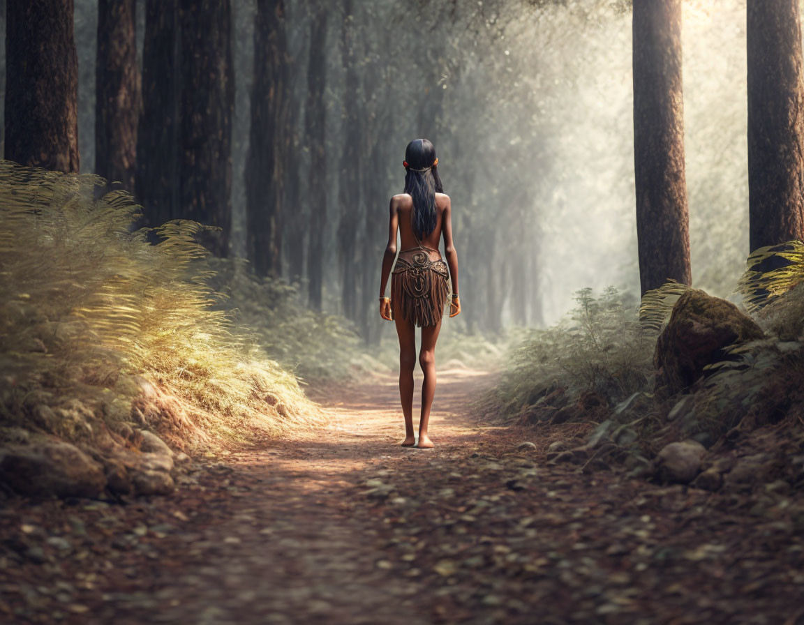 Tribal person with spear walking in forest with sunlight filtering.