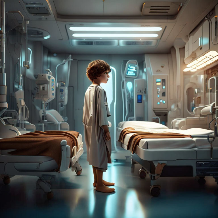 Child in futuristic hospital ward with medical equipment.