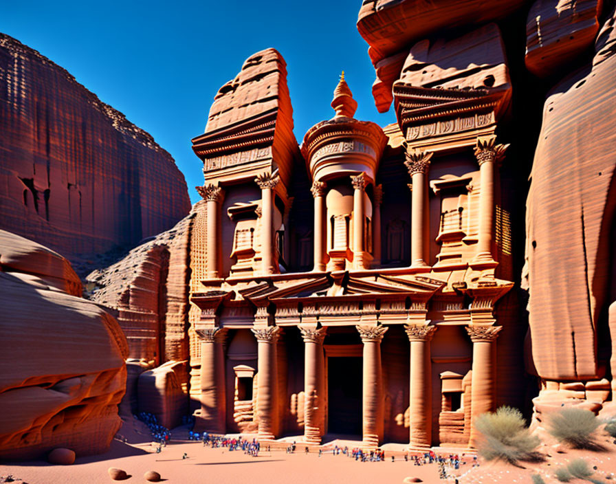 Intricate facade details of Al Khazneh in Petra, Jordan