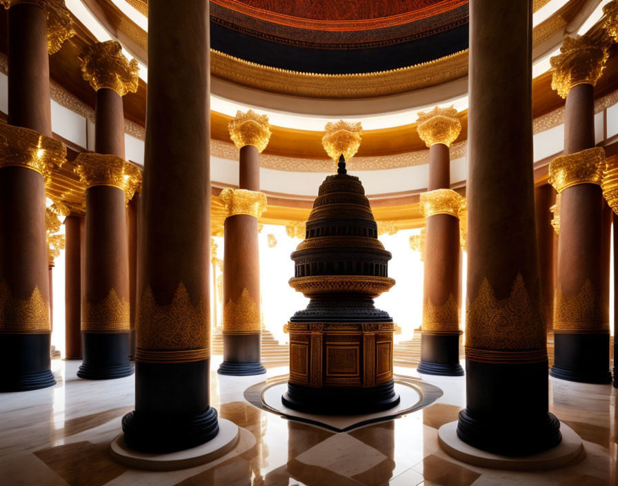 Ornate Hall with Golden Columns and Patterned Dome Ceiling