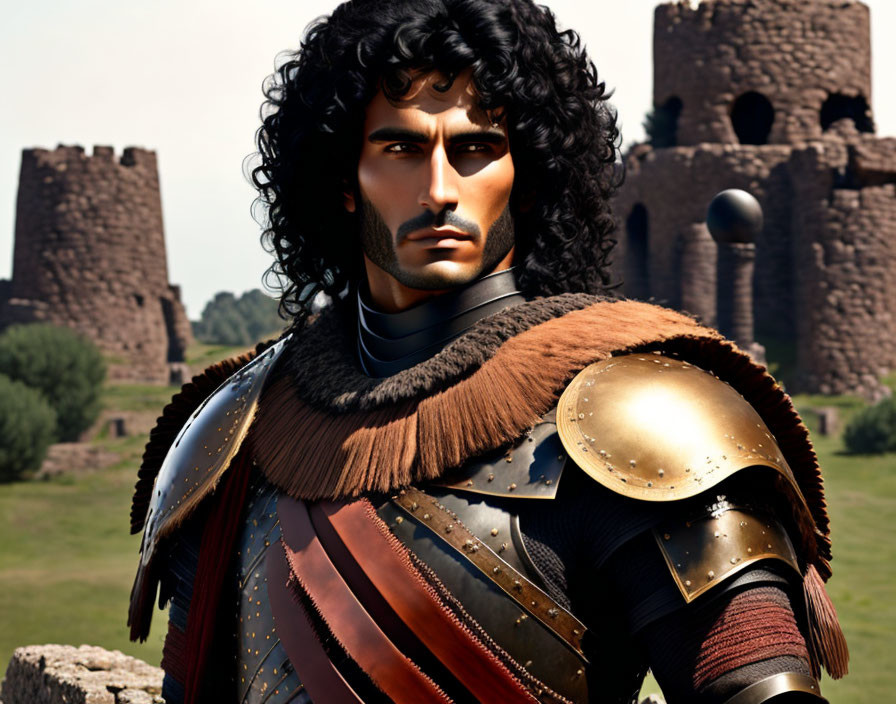 Male warrior in armor with curly black hair at ancient castle ruins