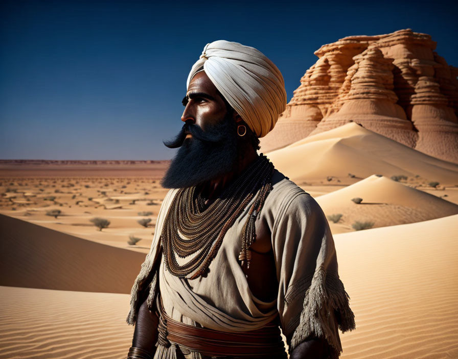 Bearded man in turban and jewelry gazes in desert