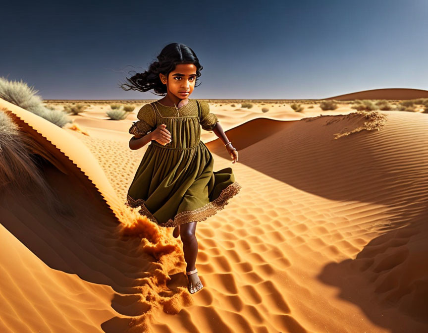 Young girl in green dress running on sand dunes under clear sky