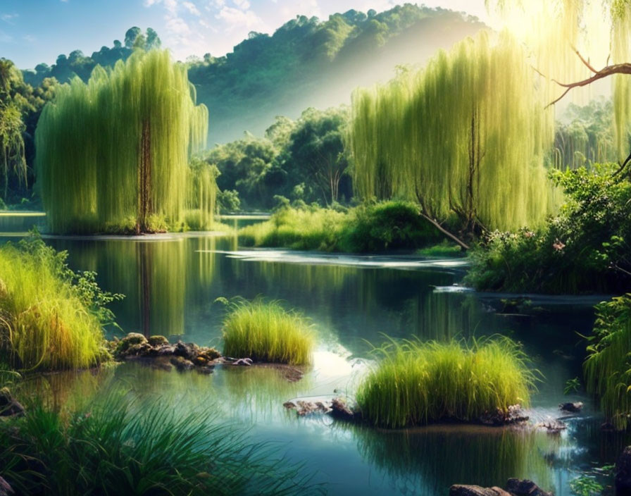 Tranquil lake with weeping willows and sunlight in misty setting