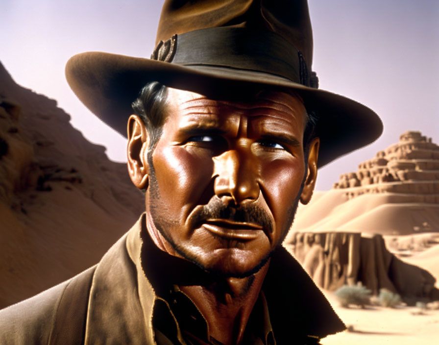 Rugged adventurer in fedora against desert rock formations