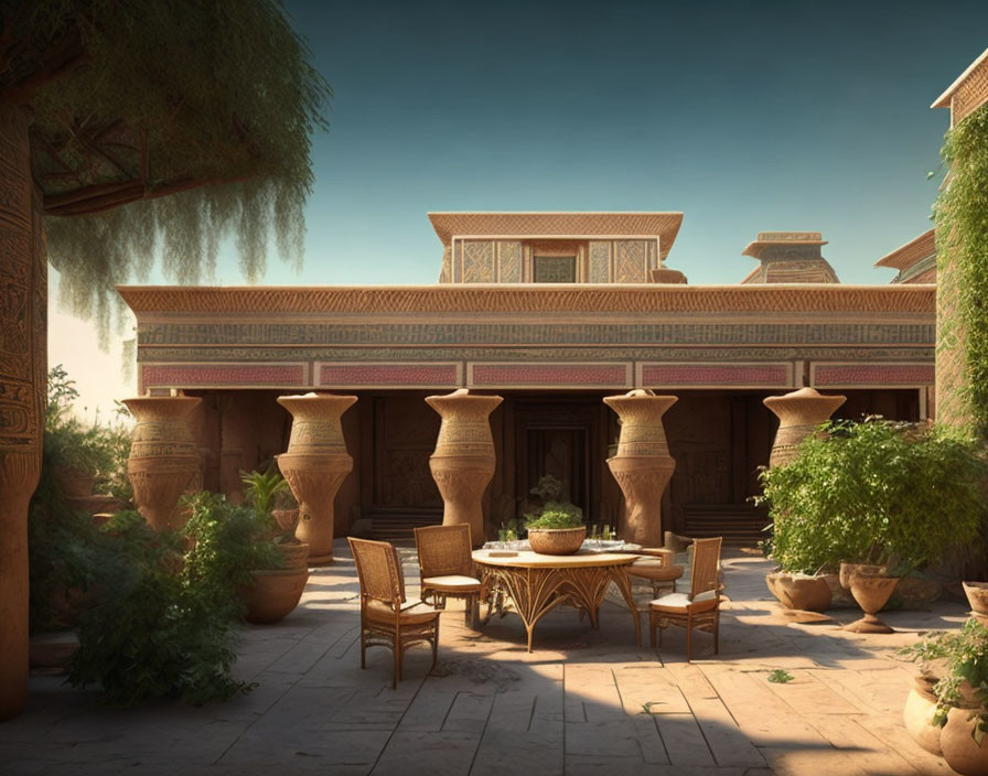 Traditional Courtyard with Clay Pots, Wooden Table, and Green Plants