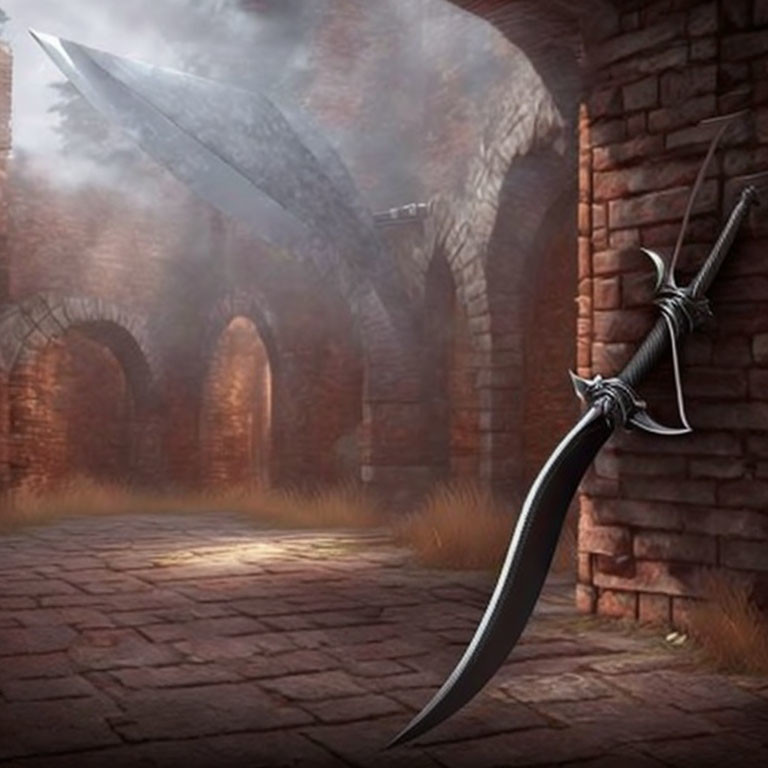 Ornate fantasy sword in old brick street with arches and fog