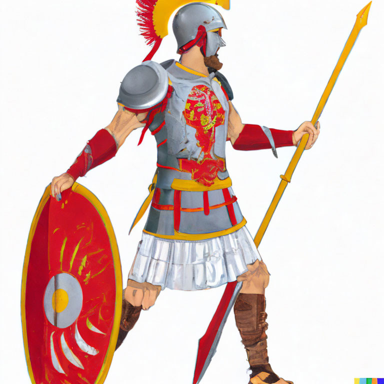 Roman soldier illustration: profile view, red crest helmet, lion armor, spear, shield with sun motif