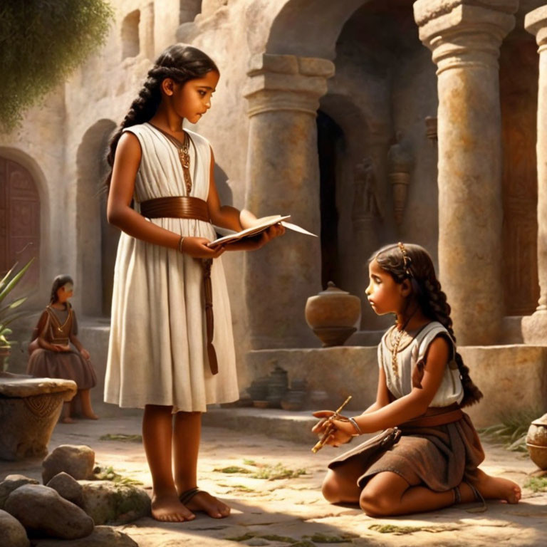 Ancient attire: Two girls study outdoors under sunlight