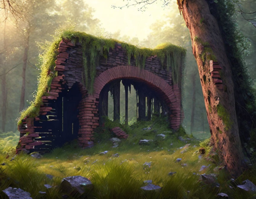 Serene forest scene: moss-covered stone archway in sunlight