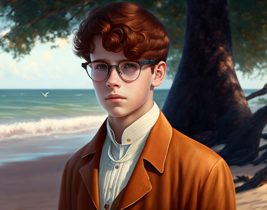 Curly Red-Haired Male in Glasses on Beach with Trees and Sea