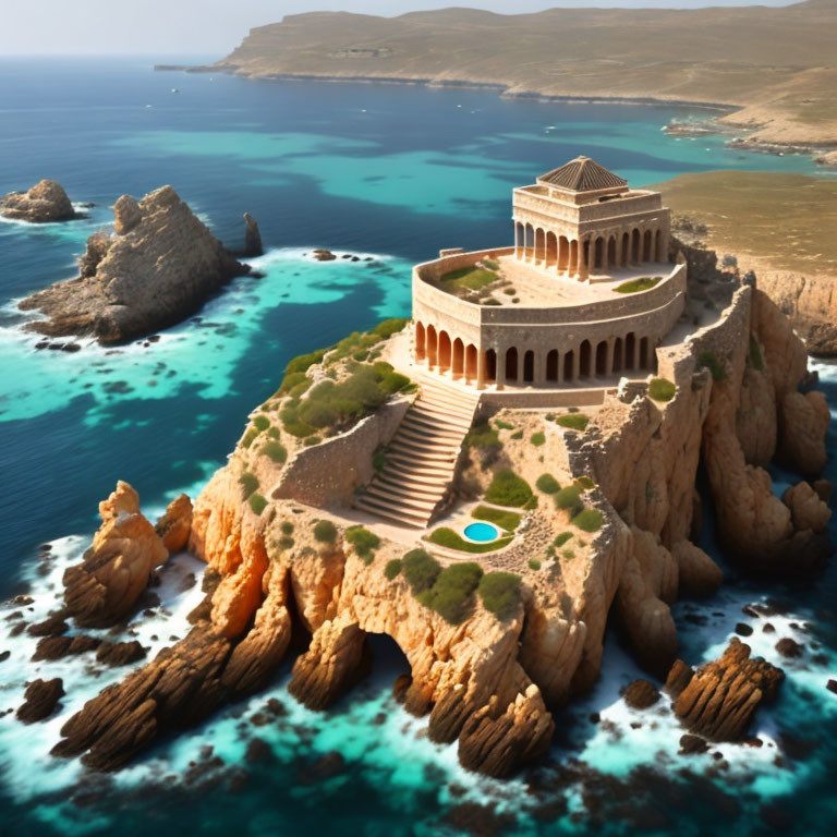 Stone cliffside building with sea views and stairs, surrounded by clear blue waters.