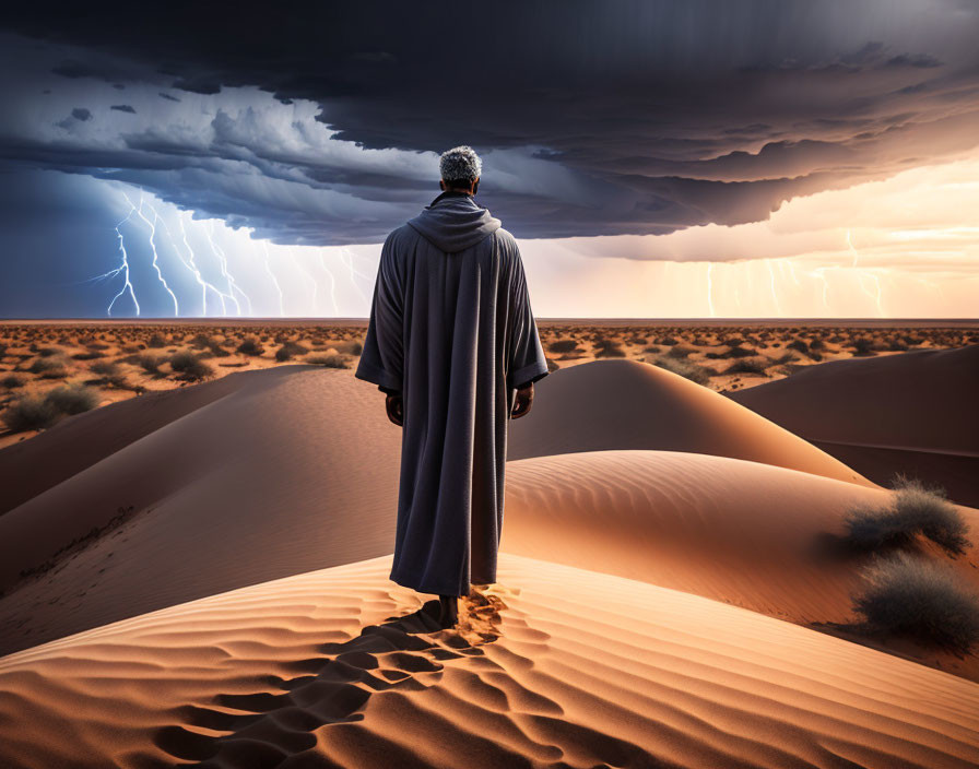 Figure in cloak on sand dune under desert thunderstorm