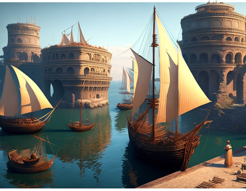 Fantasy port city with multi-tiered stone buildings, sailing ships, and solitary figure.