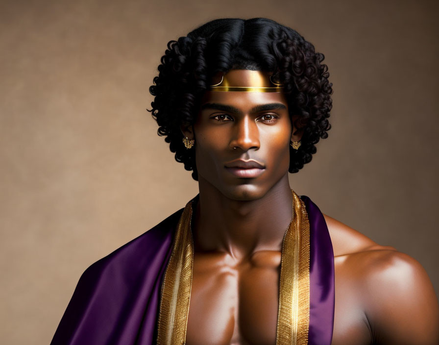 Digital portrait of man with dark skin, curly hair, golden headband, earrings, purple cloak