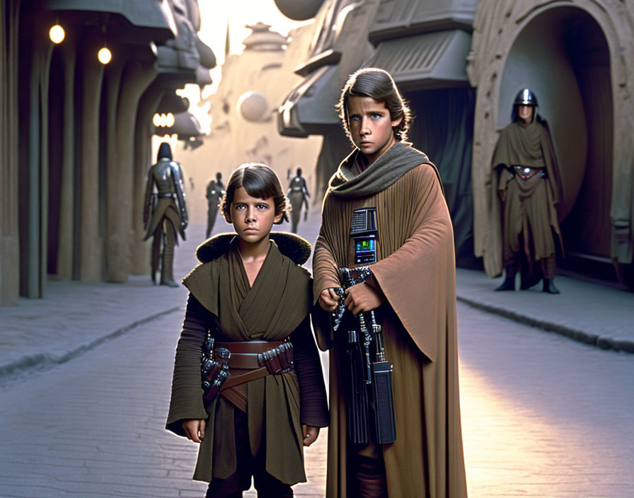 Children in sci-fi character costumes in desert town with domes & futuristic weapons.