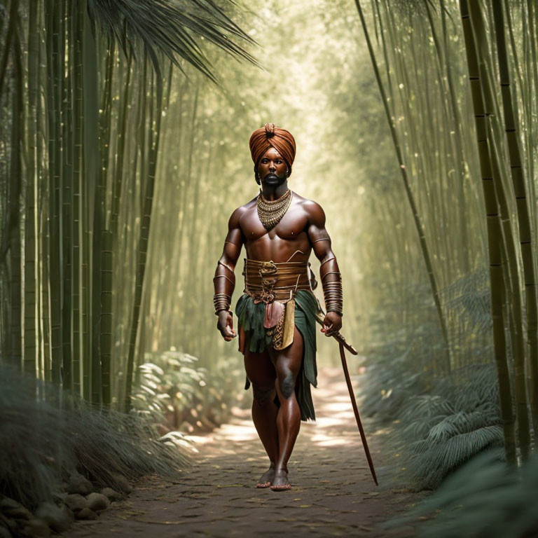 Man with turban walking barefoot in bamboo forest