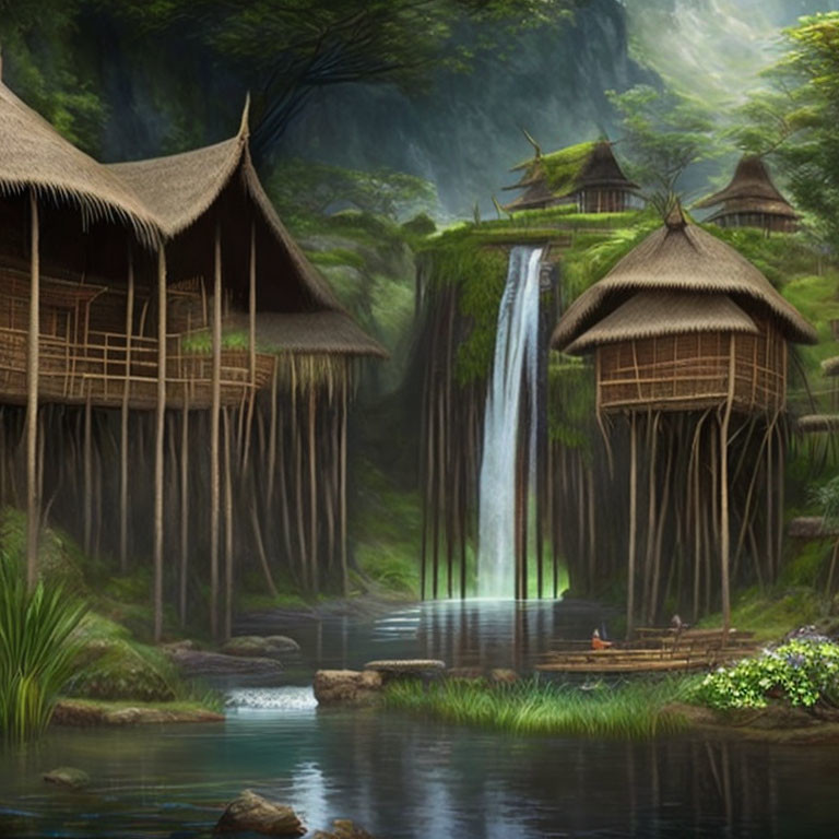 Thatched Huts on Stilts by Serene Waterfall in Mystical Forest