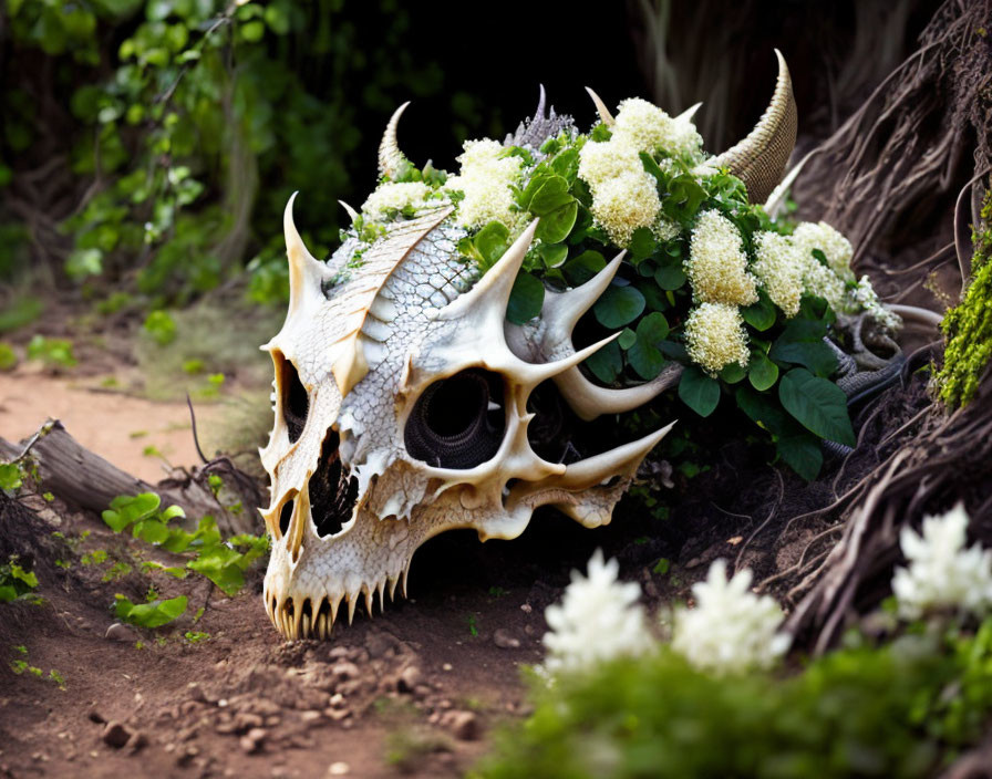 Dragon skull surrounded by green foliage and white flowers.