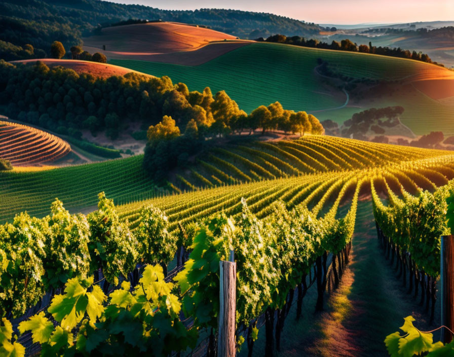 Vibrant green vineyards under warm sunset