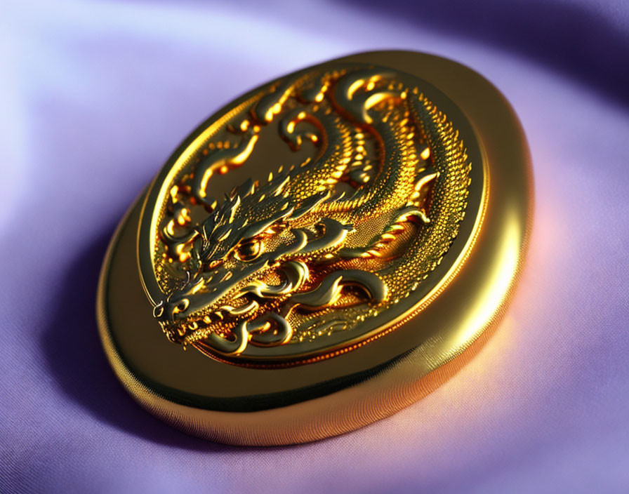 Intricate Dragon Design on Golden Oval Coin with Purple Background