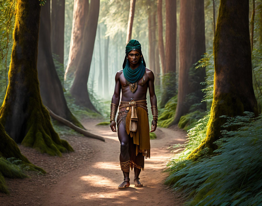 Person in traditional tribal attire walking in forest surrounded by tall trees