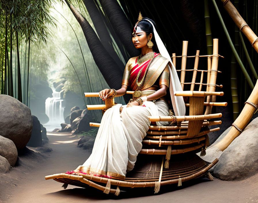 Traditional Indian Attire Woman Sitting in Bamboo Forest with Waterfall