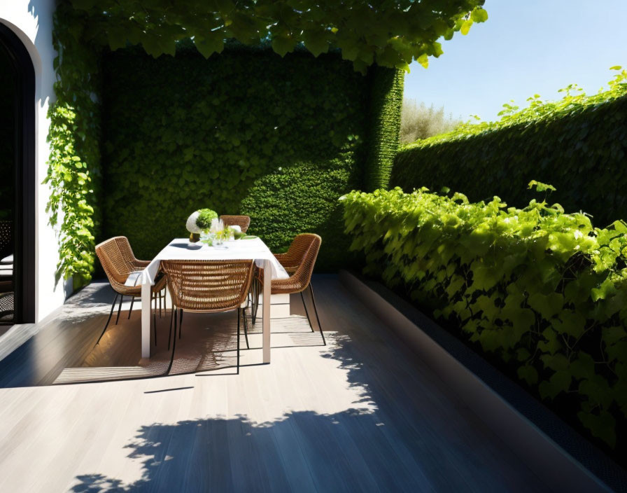 White table, wicker chairs, lush greenery: Modern outdoor dining area