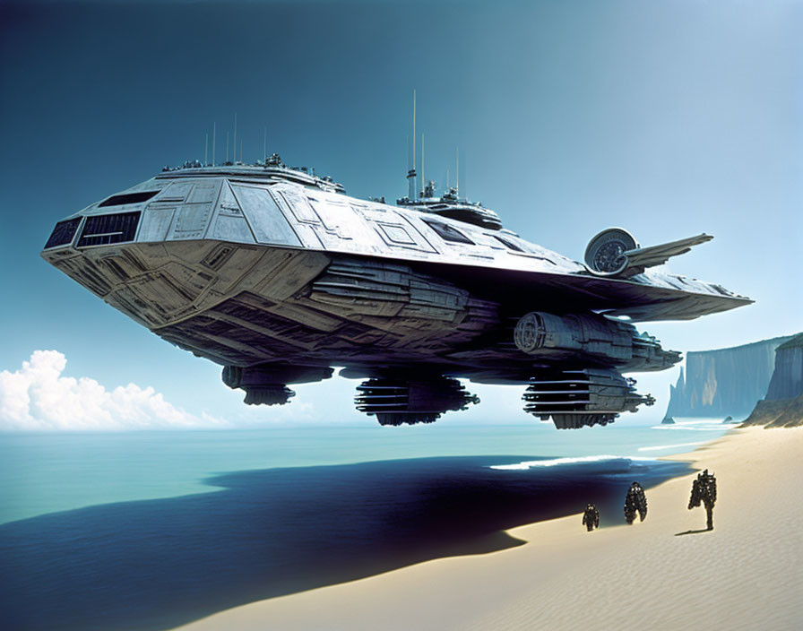 Futuristic spacecraft over desert with figures, cliffs